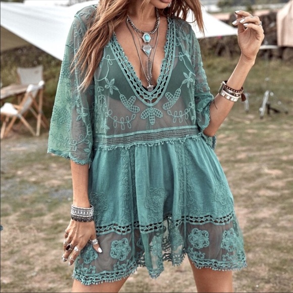 NEW! Boho Lace Crochet Folk Tunic Blouse Top Cover-Up - Picture 2 of 9